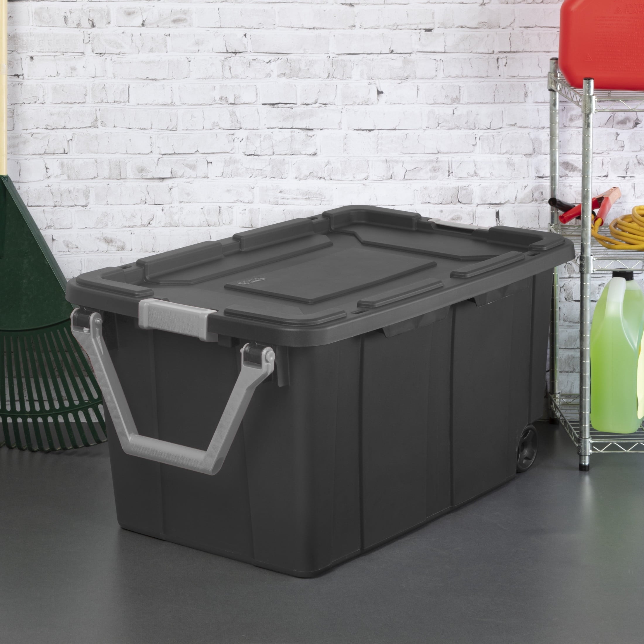 Sterilite Extra-Large Wheeled Industrial Storage Bin - 40 Gallon Durable Plastic Storage Tote with Latching Lid and Pull Handle, Dark Gray - 2-Pack