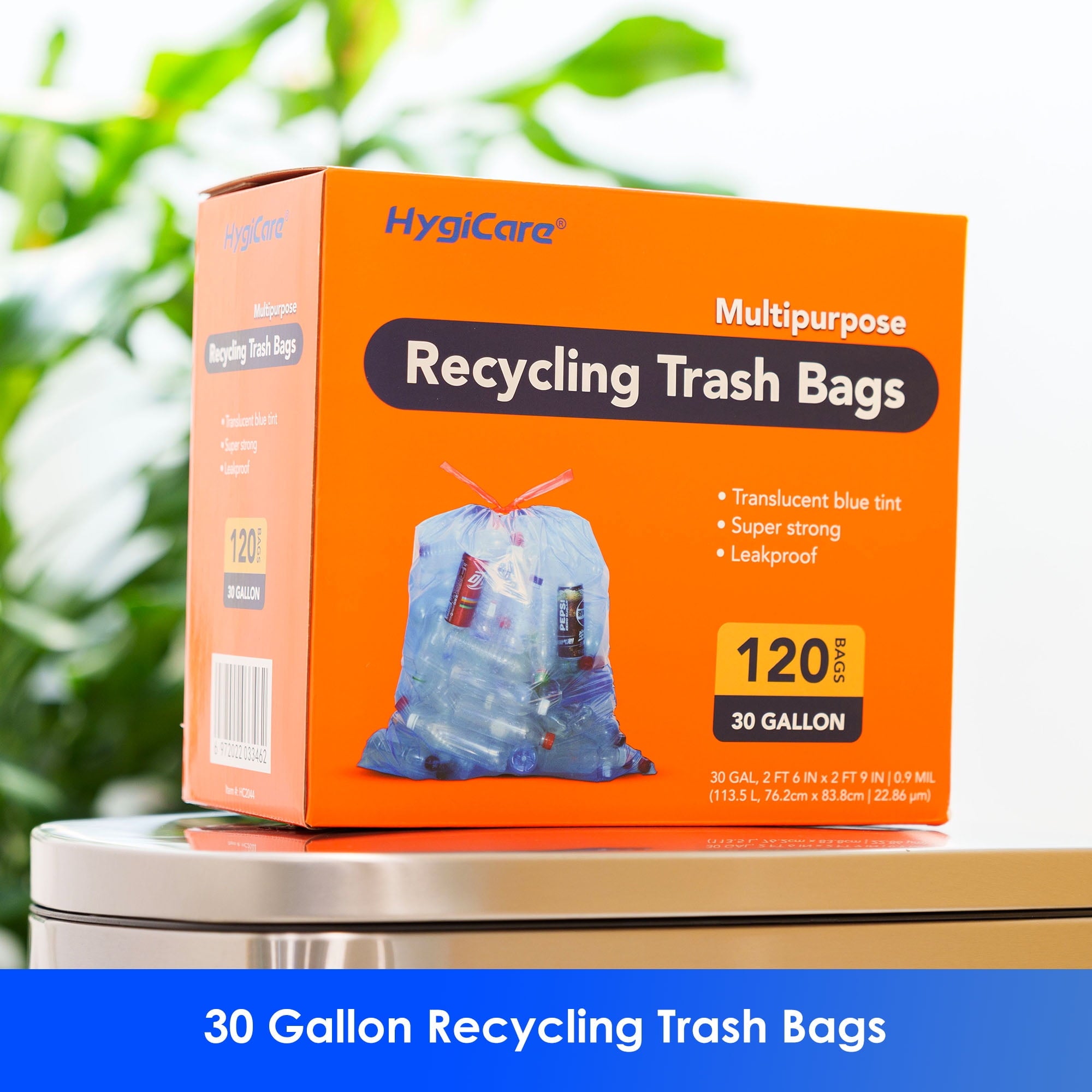 HygiCare Recycling Trash Bags - 30 Gallon, 120 Count, Unscented, Super Strong, Leakproof, Translucent Blue