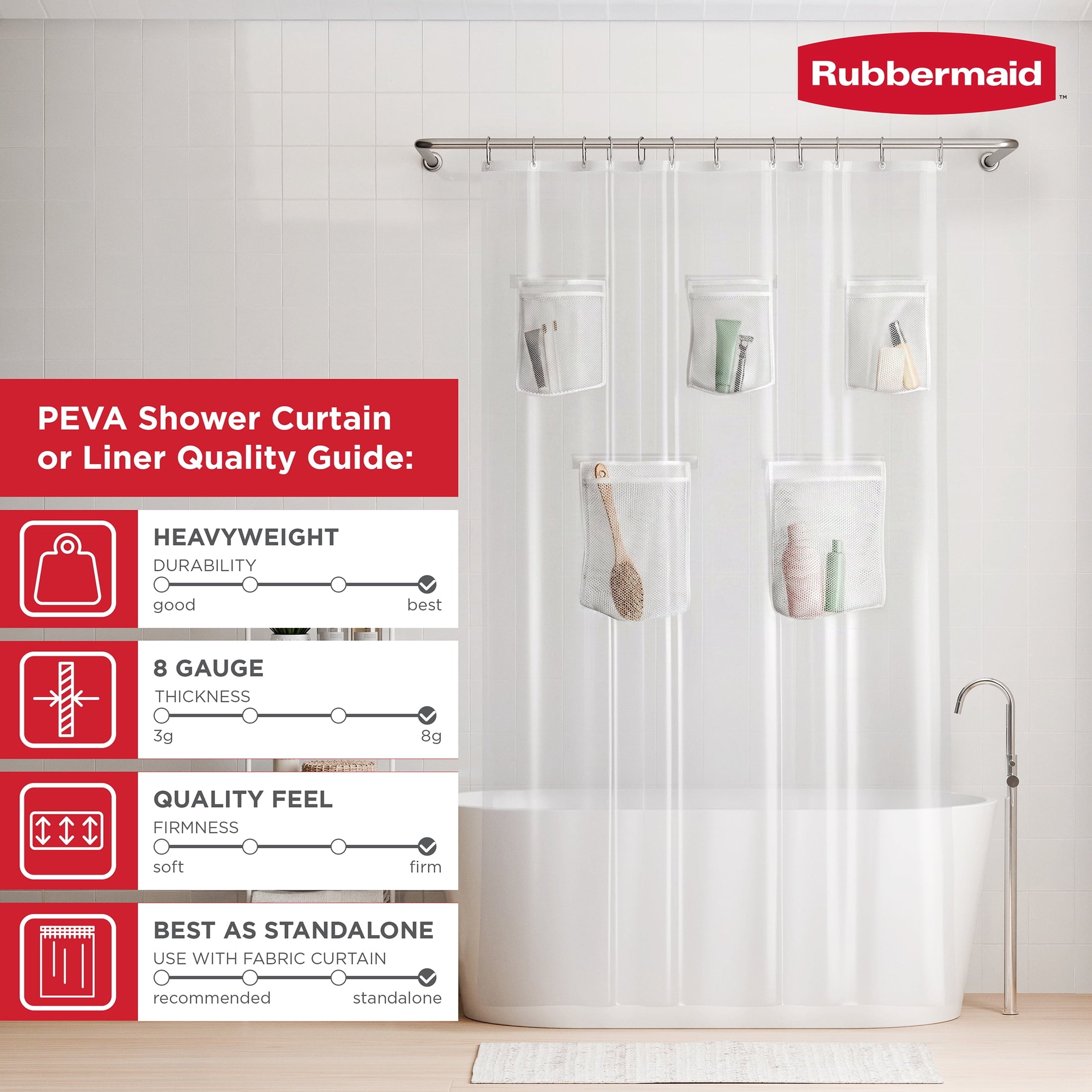Rubbermaid Clear Heavyweight Waterproof PEVA Shower Curtain Liner with Storage Pockets - BPA-Free, 70 x 72 Inches
