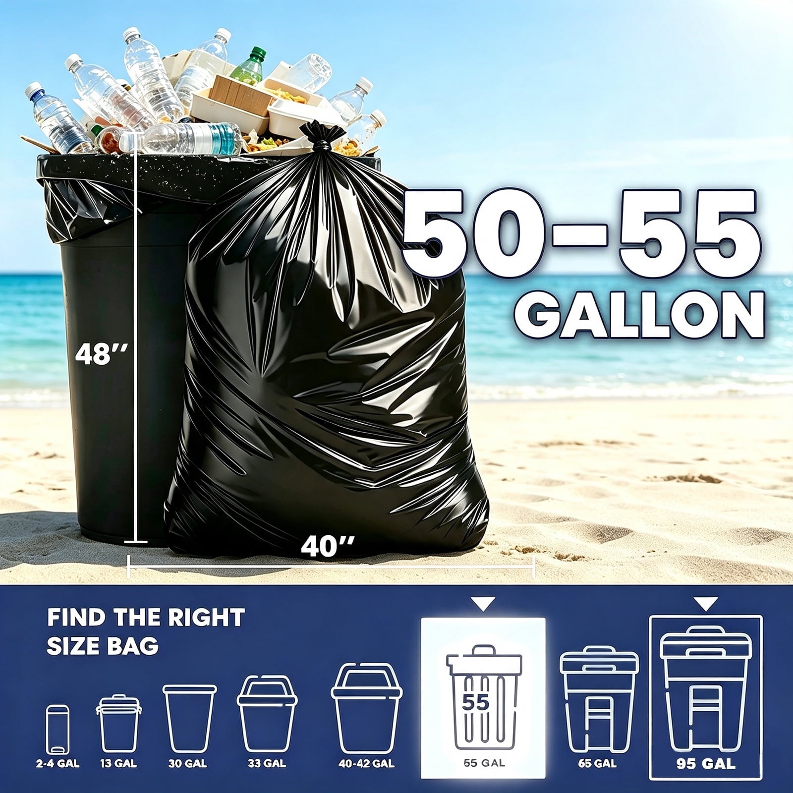 Lamosi 55 Gallon Trash Bags (50 Count) - Black Outdoor Garbage Bags for Waste, Lawn and Leaf, 1.5 Mil