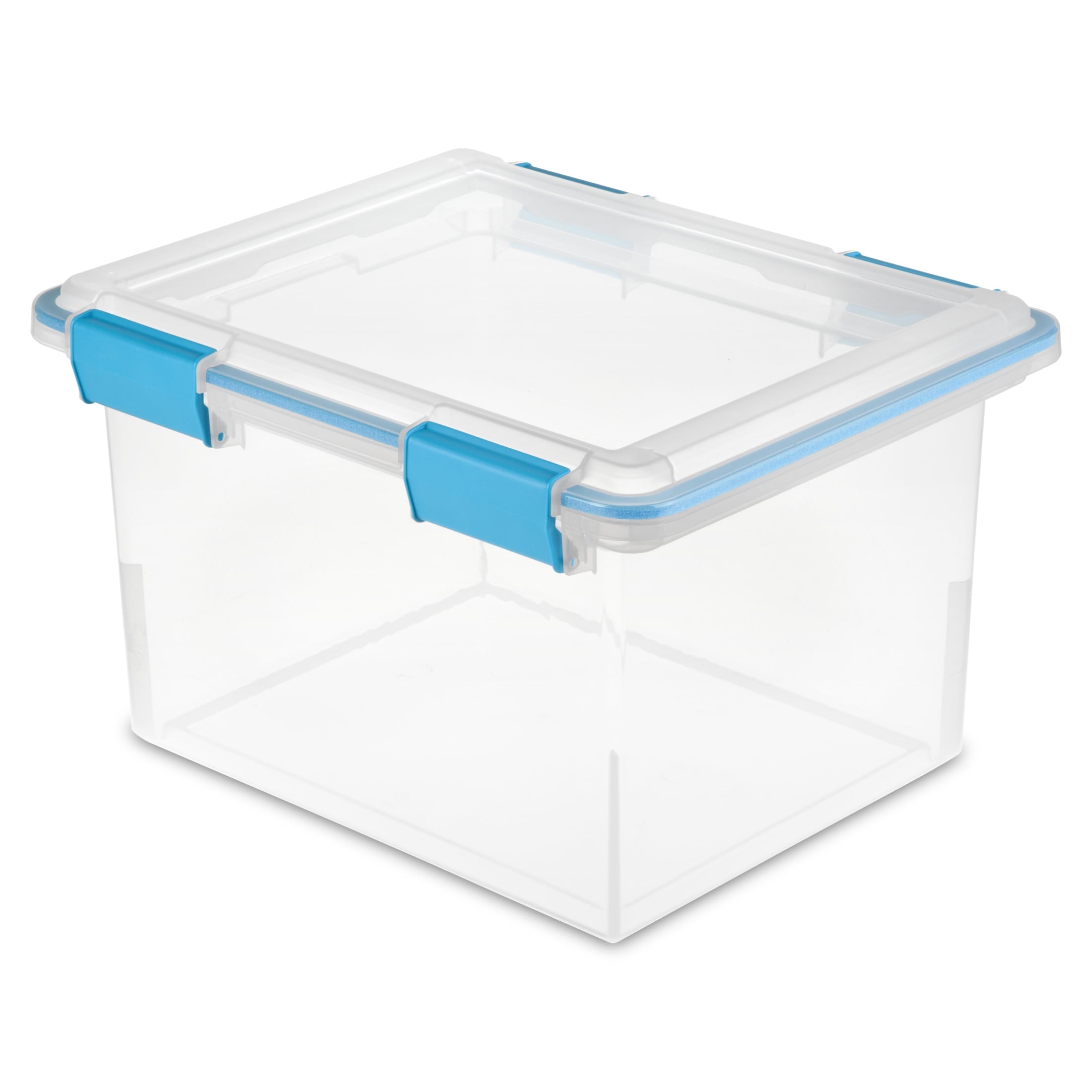 Sterilite Gasket Box - 32 Quart Clear Weather-Resistant Plastic File Storage Bin with Gasket Seal and Latch Lid, Blue, 4 Pack