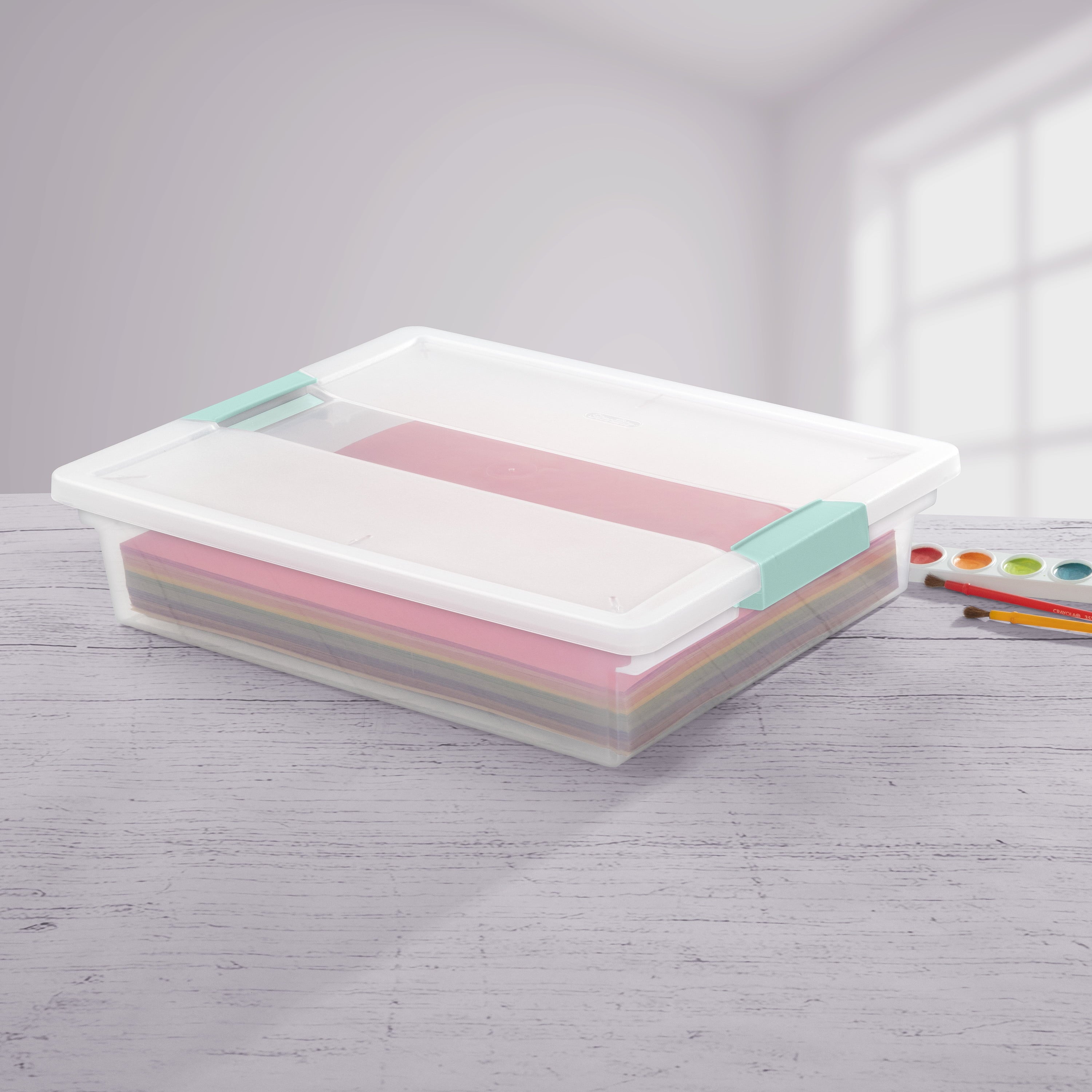 Sterilite Large Clear Plastic Storage Bin Tote with Clear Lid & Aqua Latch