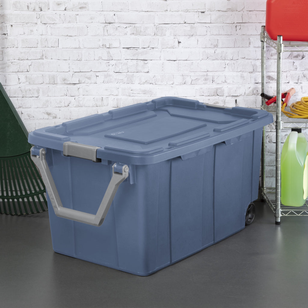 Sterilite Extra-Large Wheeled Industrial Storage Bin - 40 Gallon Durable Plastic Storage Tote with Latching Lid and Pull Handle, Blue, 2 Pack