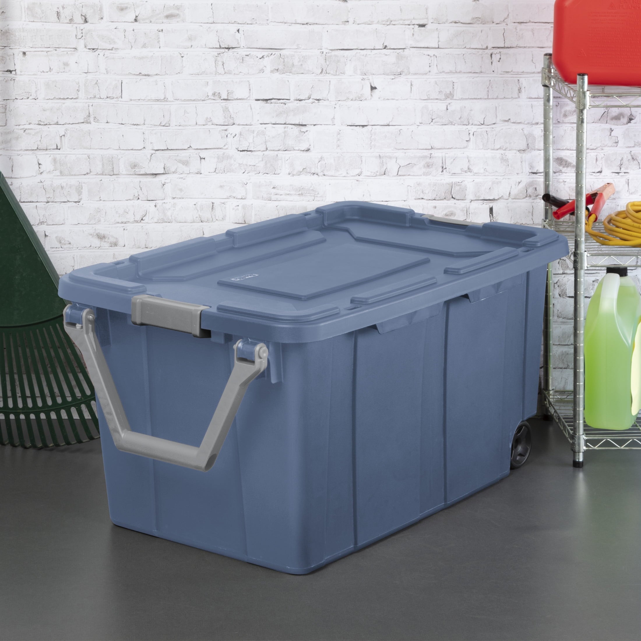Sterilite Extra-Large Wheeled Industrial Storage Bin - 40 Gallon Durable Plastic Storage Tote with Latching Lid and Pull Handle, Blue, 2 Pack