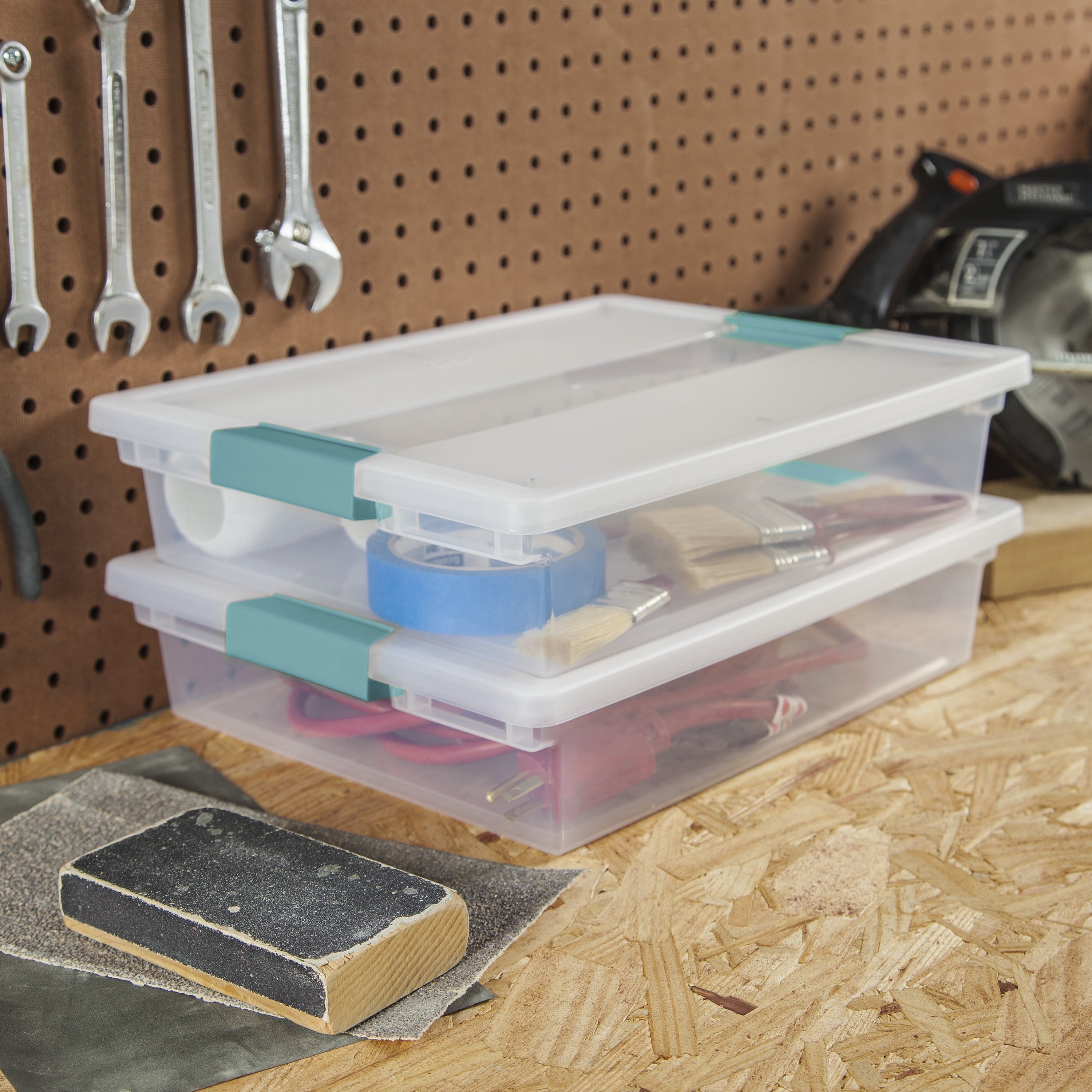 Sterilite Plastic Storage Bin / Large Clip Box - 14” L x 11” W x 3 1/4” H, Aqua Haze