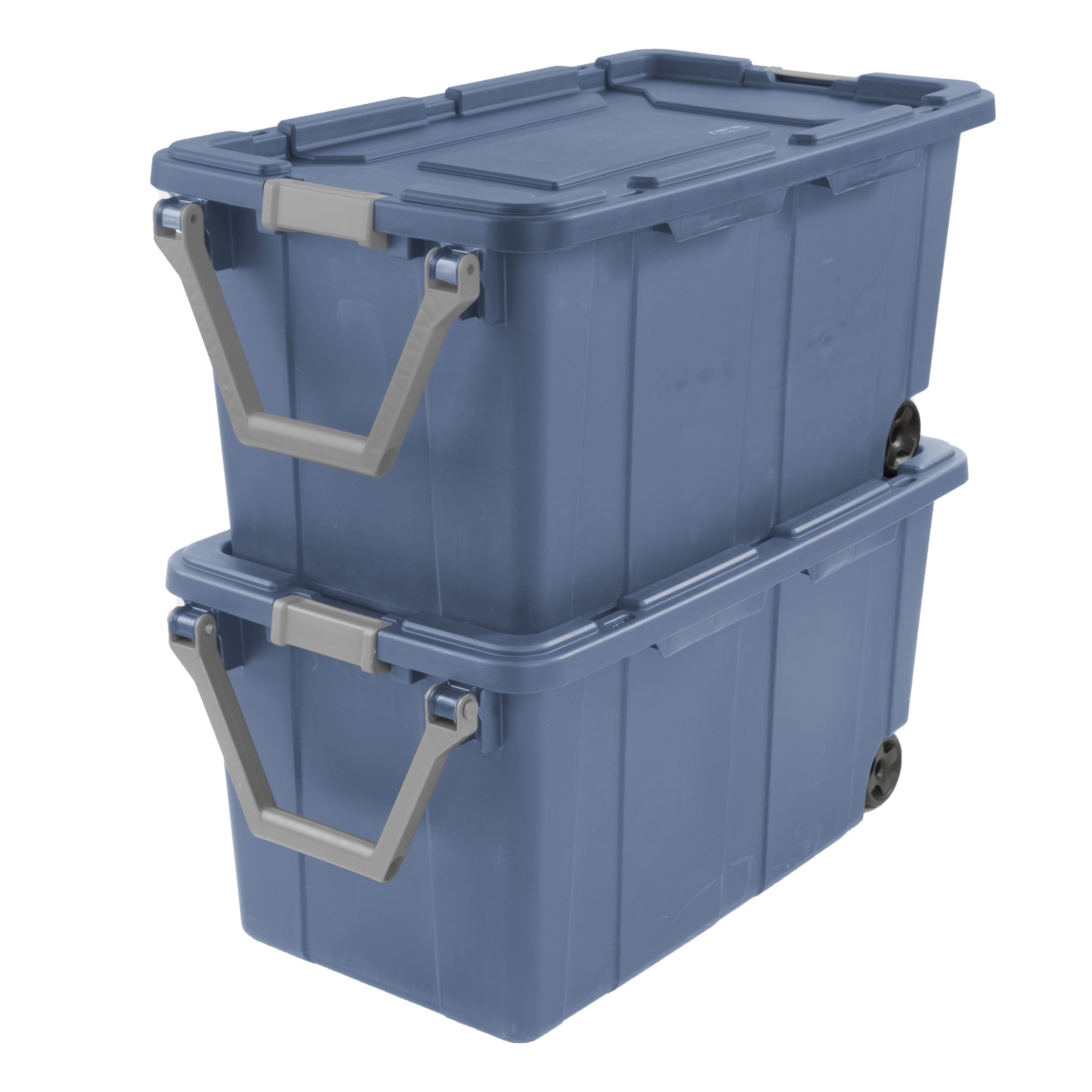 Sterilite Extra-Large Wheeled Industrial Storage Bin - 40 Gallon Durable Plastic Storage Tote with Latching Lid and Pull Handle, Blue, 2 Pack