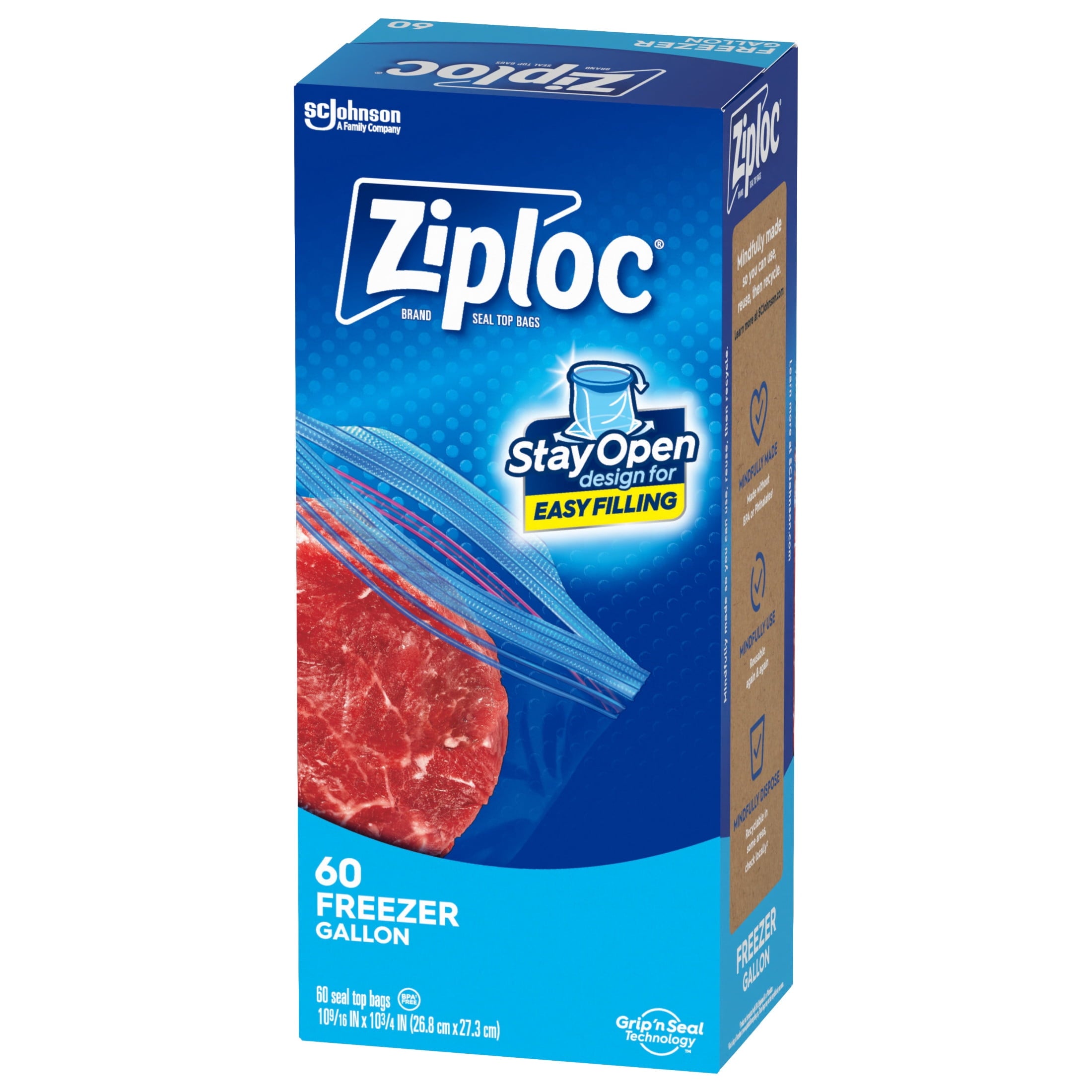 Ziploc Brand Freezer Food Storage Bags - School Supplies, with Grip 'n Seal Technology, Zipper, Gallon, 60 Count