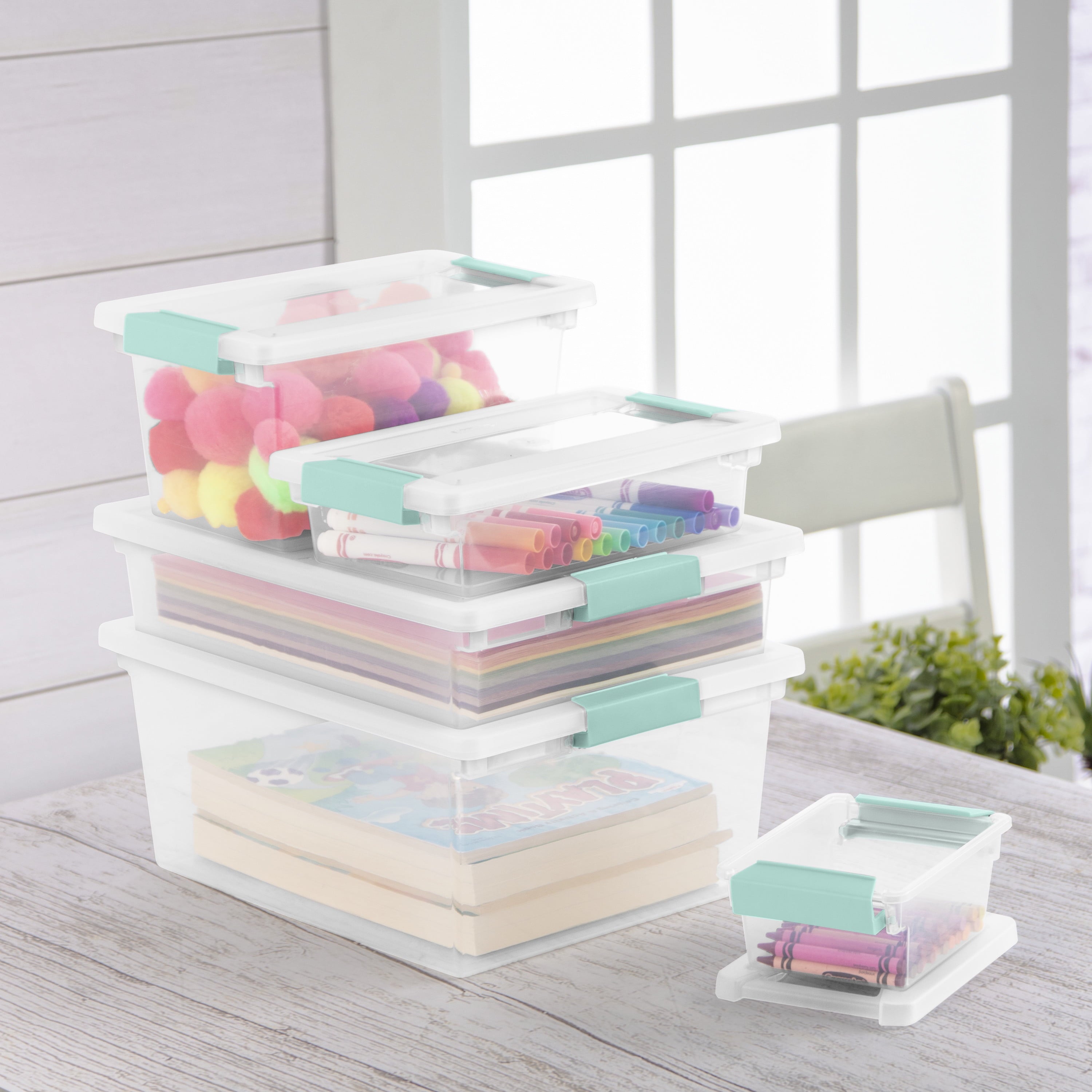 Sterilite Large Clear Plastic Storage Bin Tote with Clear Lid & Aqua Latch