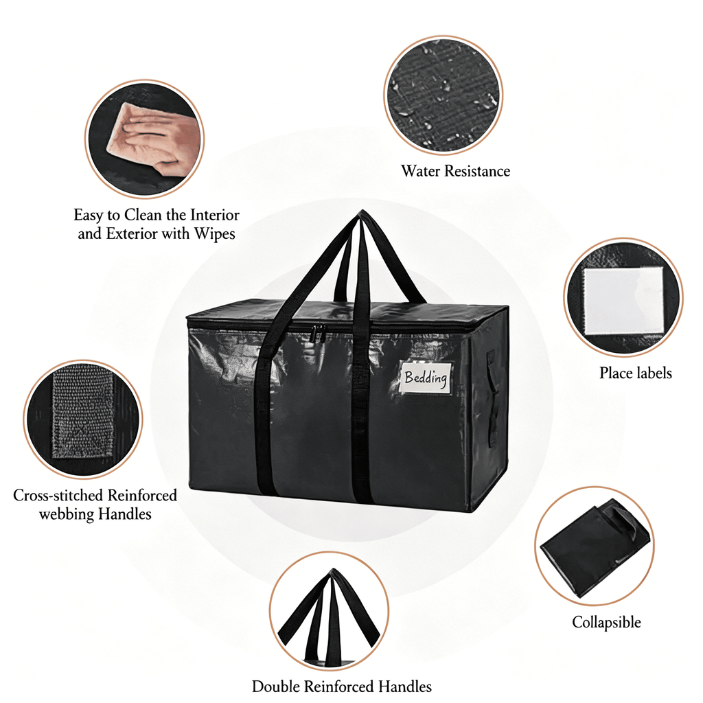 3 Pack Black Storage Tote Bags - Heavy Duty Moving Bag with Handles, Large Storage Tote for Moving, Back to School Beds Storage Bin Alternative