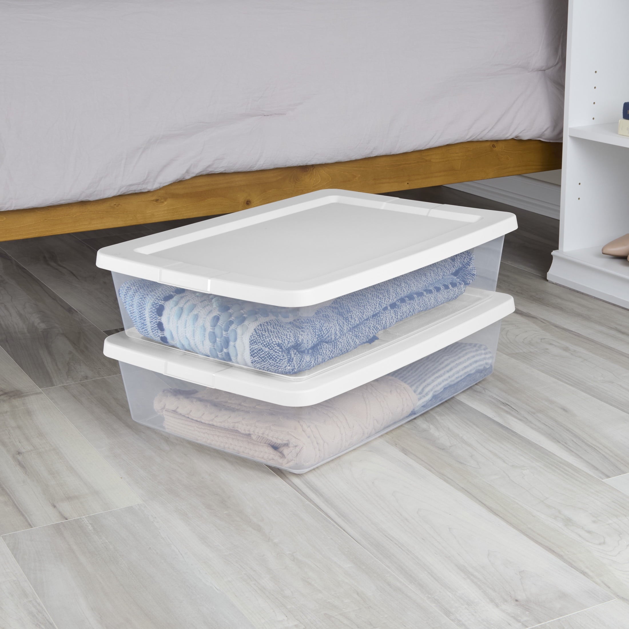 Sterilite Set of (2) 28 Quart Storage Bins - Clear Plastic Storage Bin with Snap-on Lid, White - 2-Pack